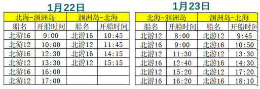 2023年春節北海潿洲島開船時刻表