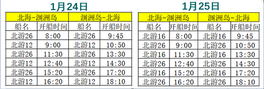 2023年春節北海潿洲島開船時刻表