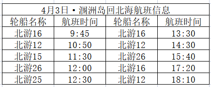 北海到潿洲島開船時刻表